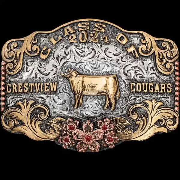 Celebrate your graduation with the elegant Cameron Class Belt Buckle. Detailed with beautiful golden Jeweler's Bronze overlays and a copper flower bouquet. Congratulations and BRAVO!